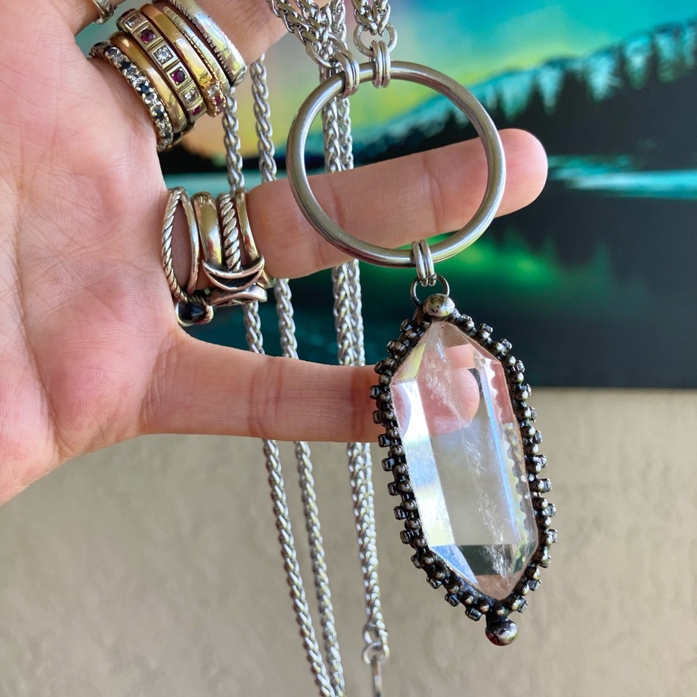 Double chain big Natural Crystal quartz black electroplated boho goth necklace - Picture 10 of 15